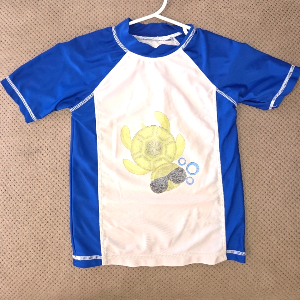 Kids Blue and White Swim Shirt with Turtle Design 4t